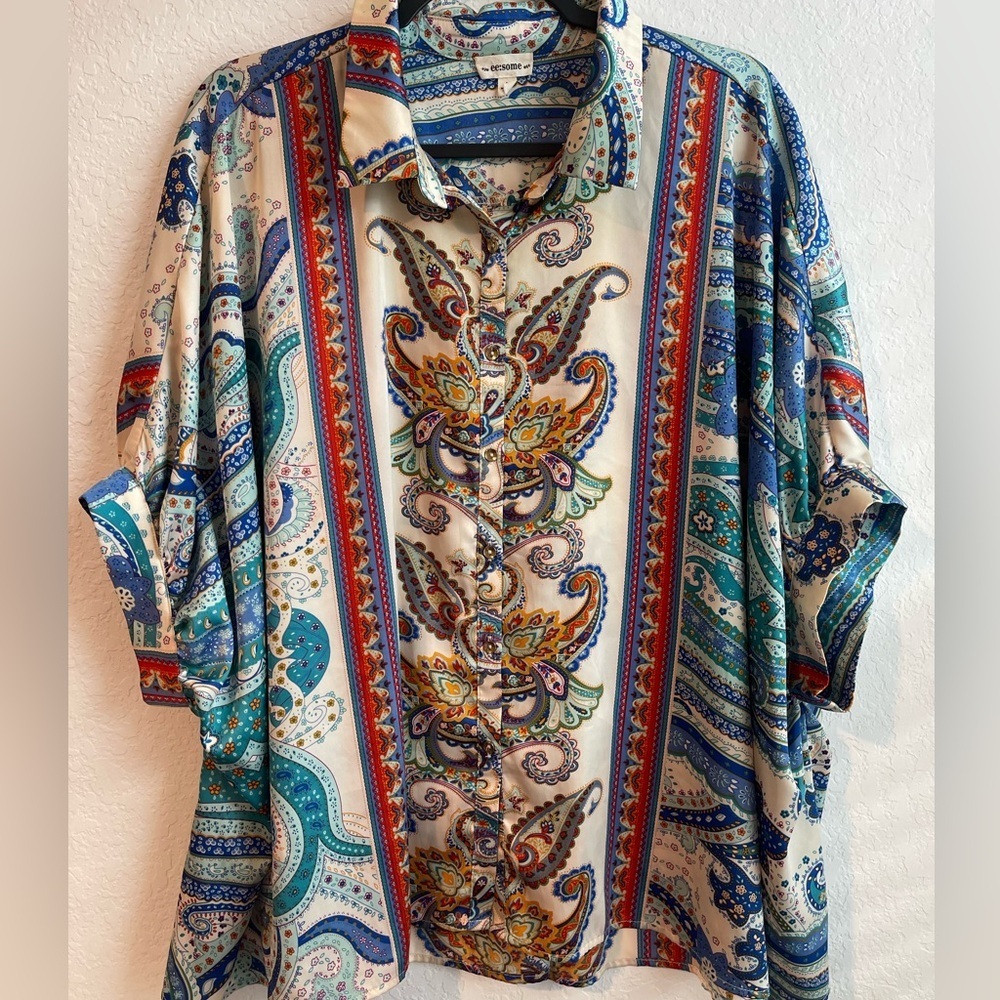 Eesome Vibrant Paisley Button Down - Blue, Orange, Green